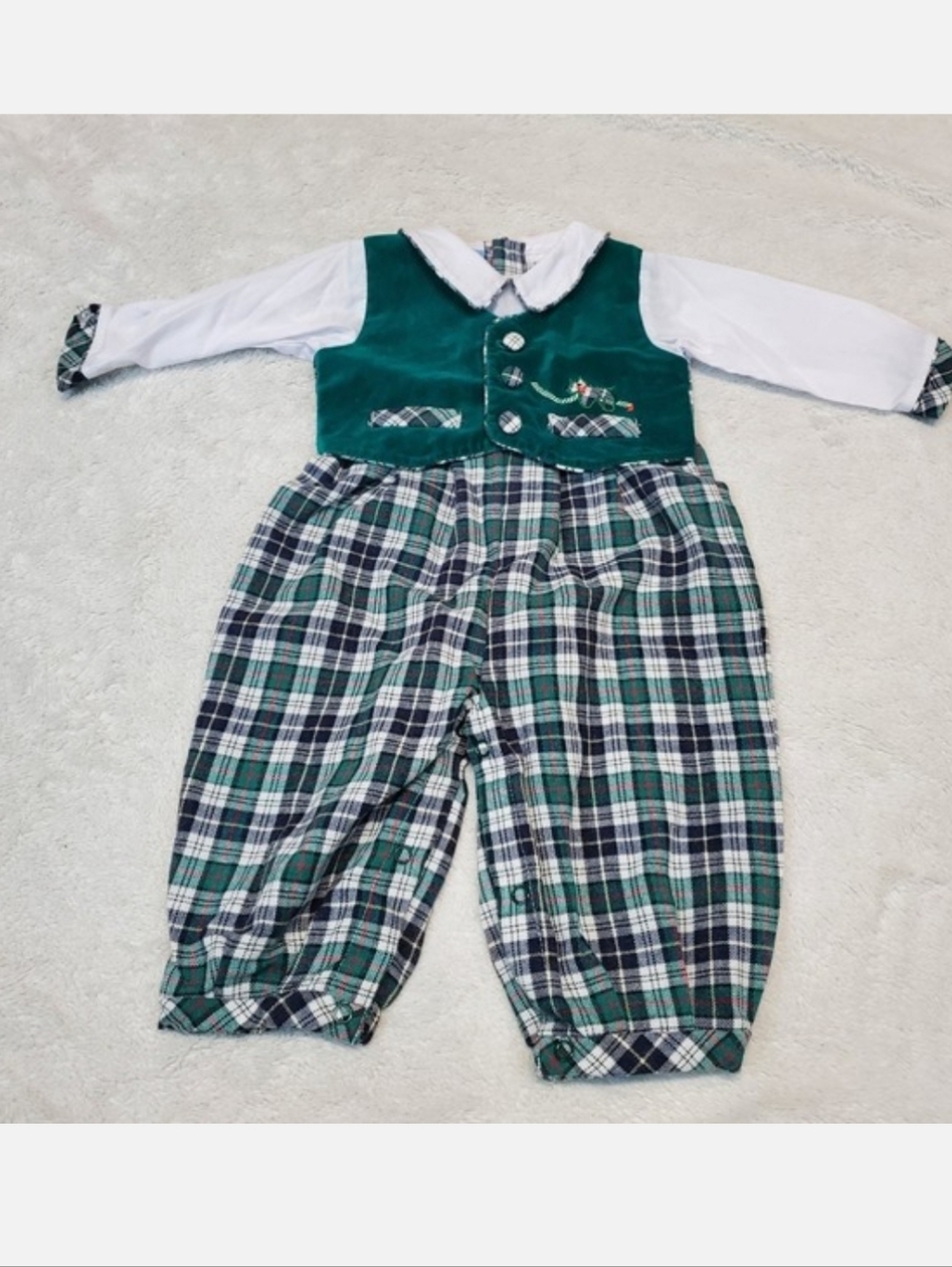 VTG‎ Small Set Green Vest Velvet Tartan Plaid Wool Romper Baby Boy 6 9 months